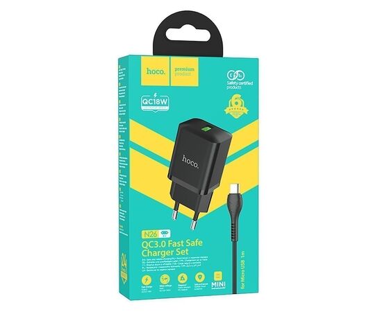  Адаптер Сетевой с кабелем Hoco N26 Maxim QC3.0 Micro (black) (213941) 
